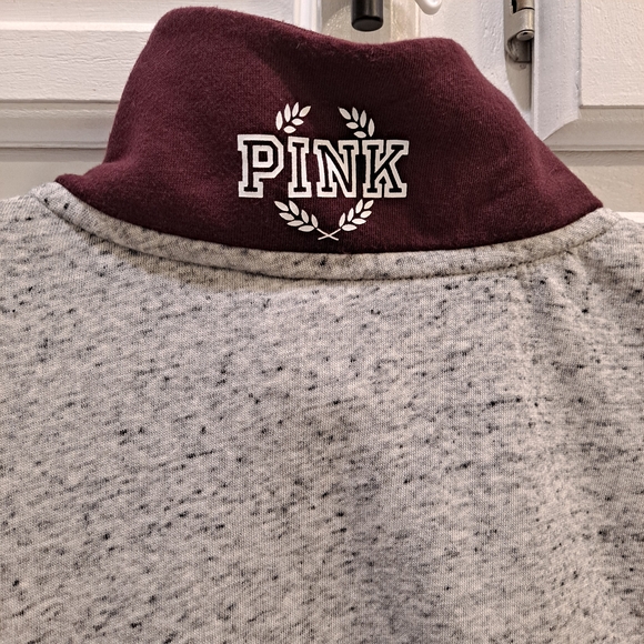 PINK Victoria's Secret Maroon & Gray Qtr Zip-Up Sweatshirt W/Kangaroo Pocket - Picture 7 of 8